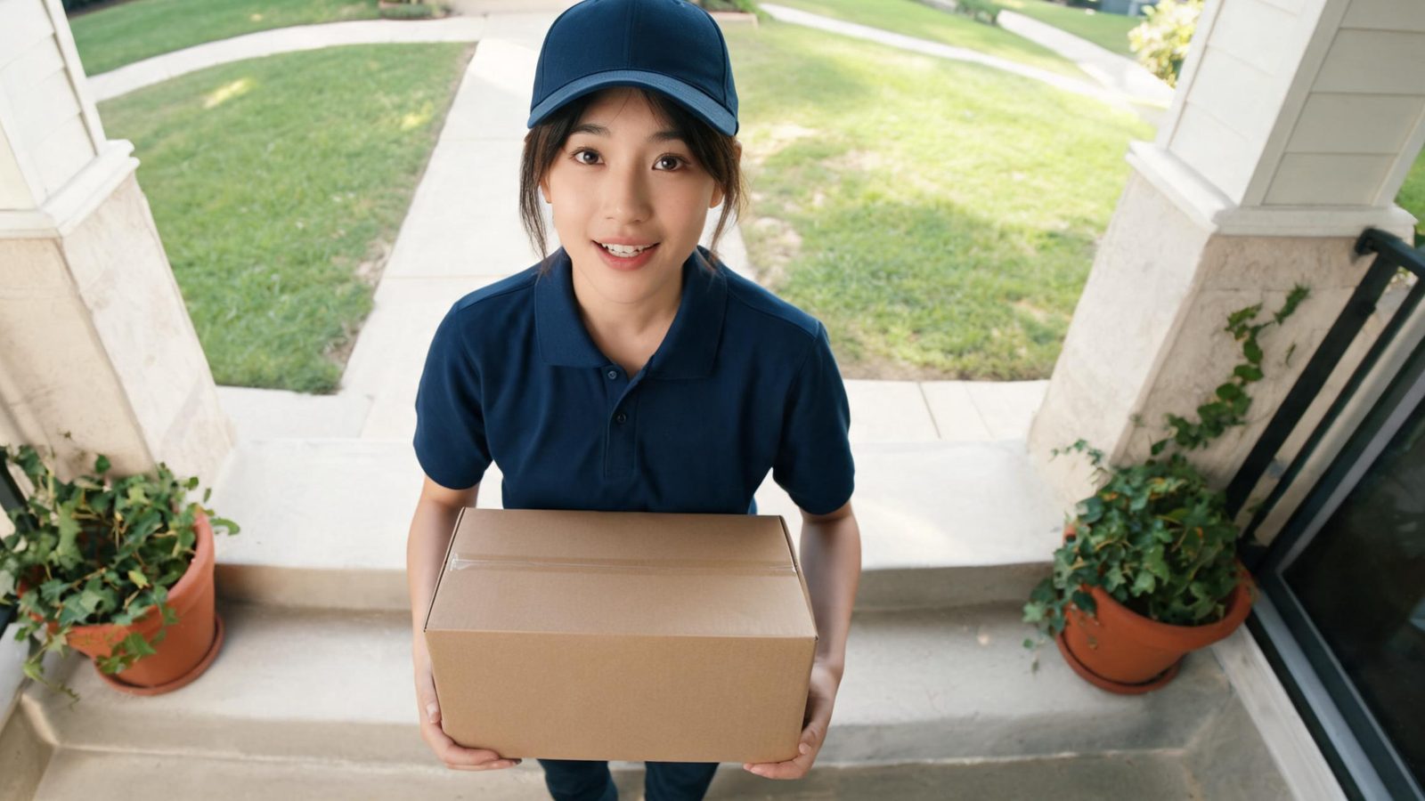 A courier looks up at the camera and talks