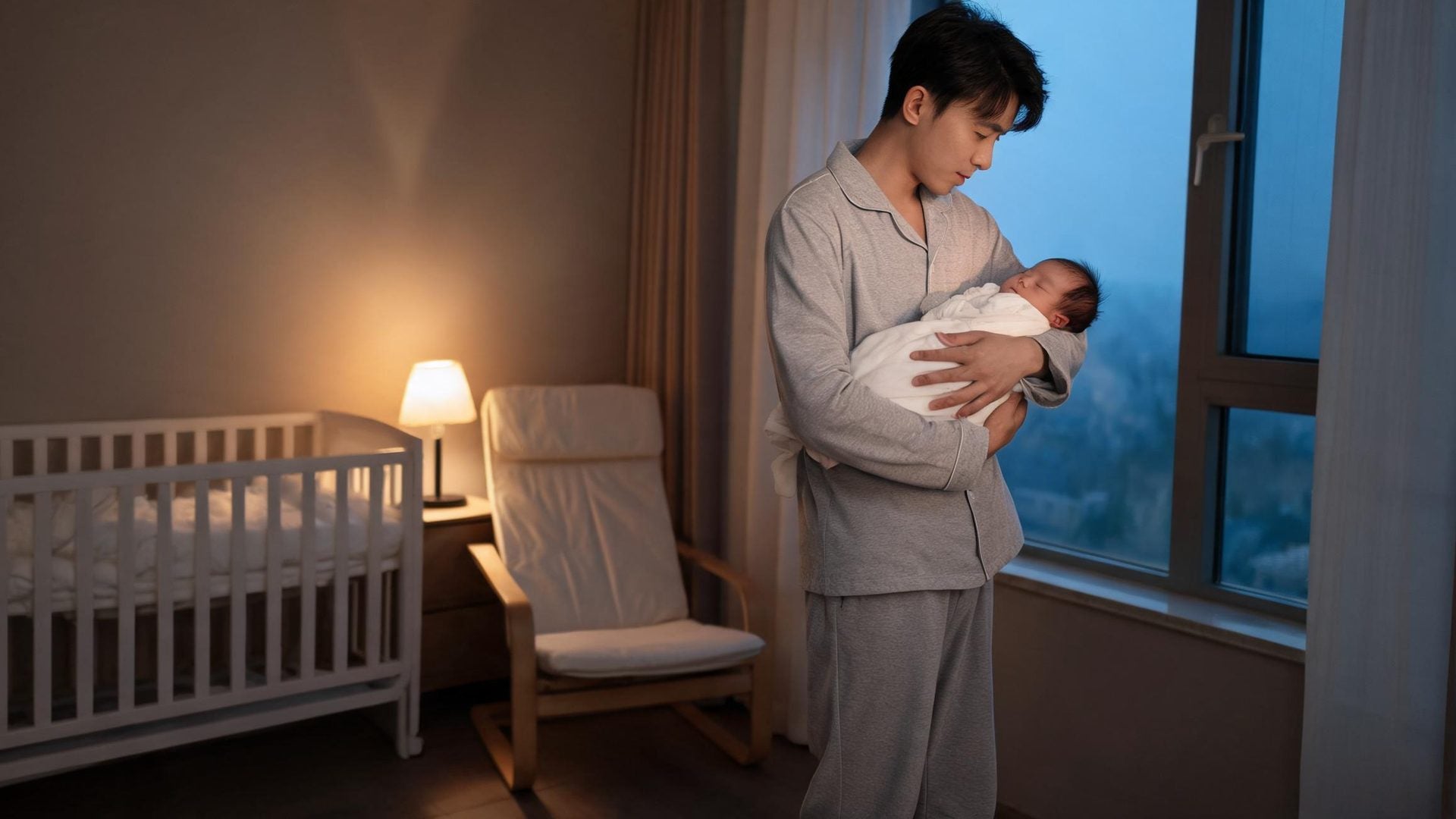 A father rocks his sleeping newborn by the nursery window at dusk