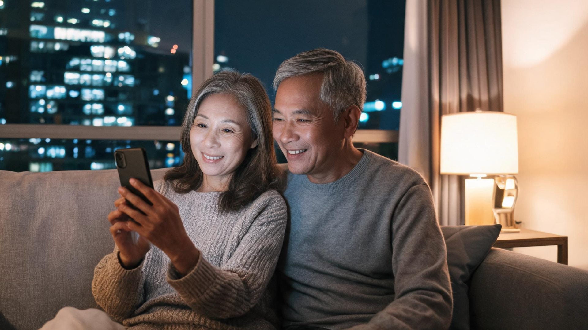 A couple on a sofa in a city apartment smile at a phone
