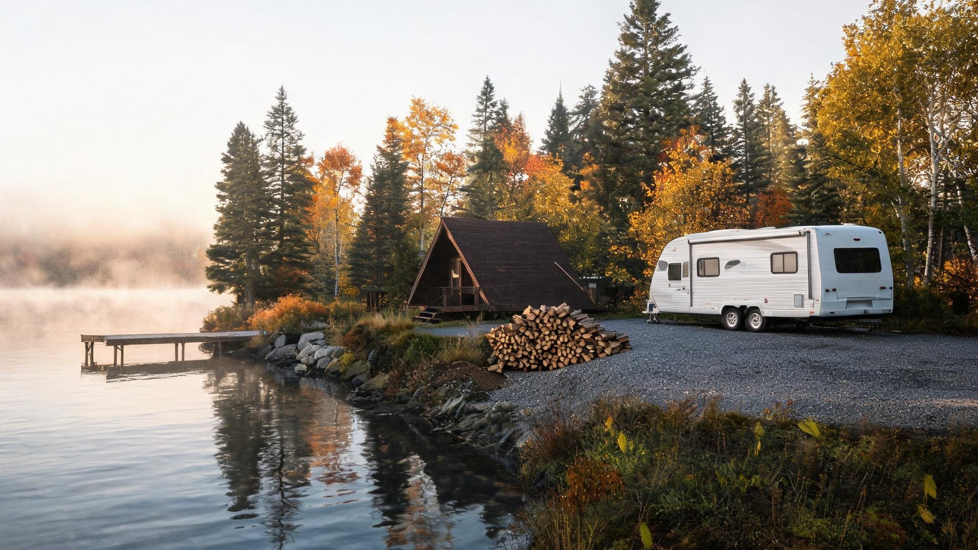 An A-frame cabin by a misty lake in autumn