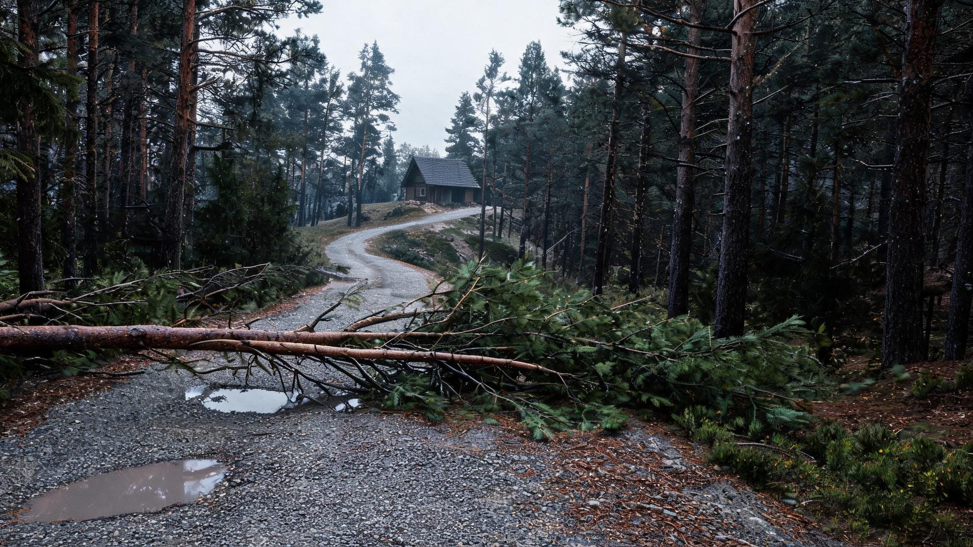 A fallen pine branch across a gravel lane after a storm