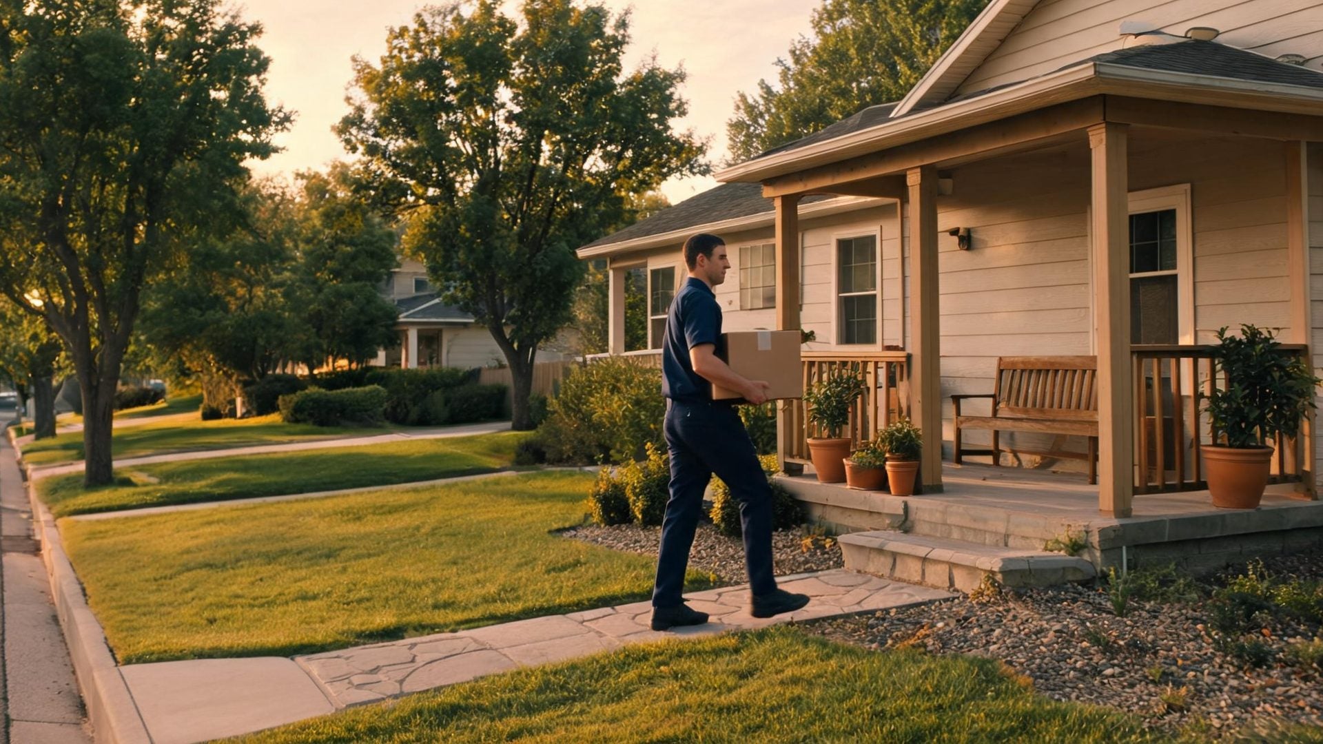 A delivery driver walks a parcel up to a house with a porch