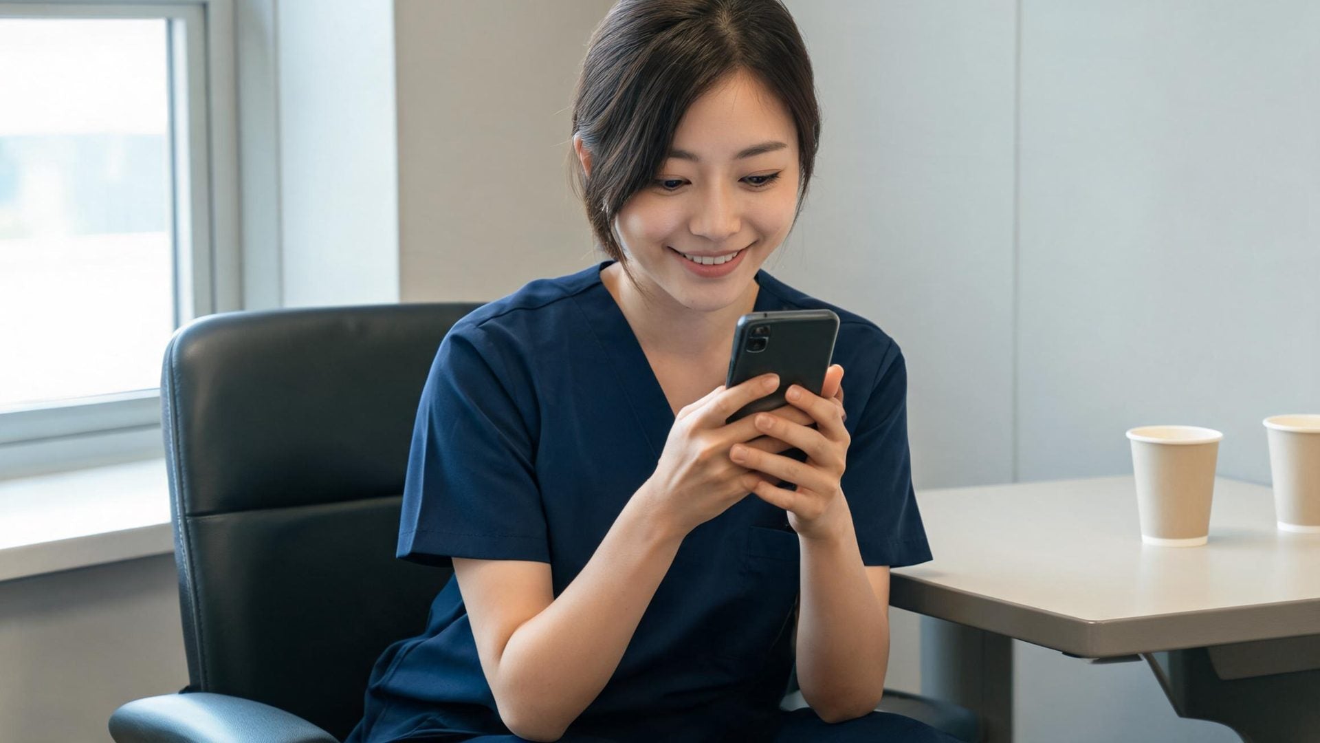A nurse on a break smiles at her phone