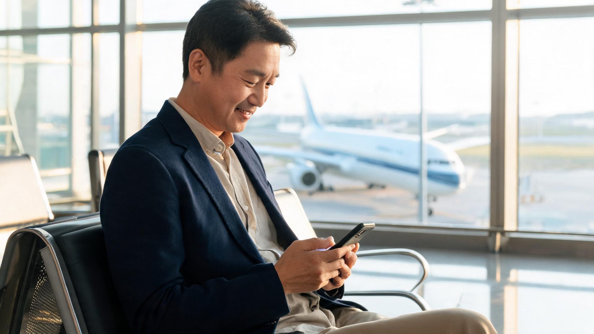 A man at an airport gate smiles at his phone