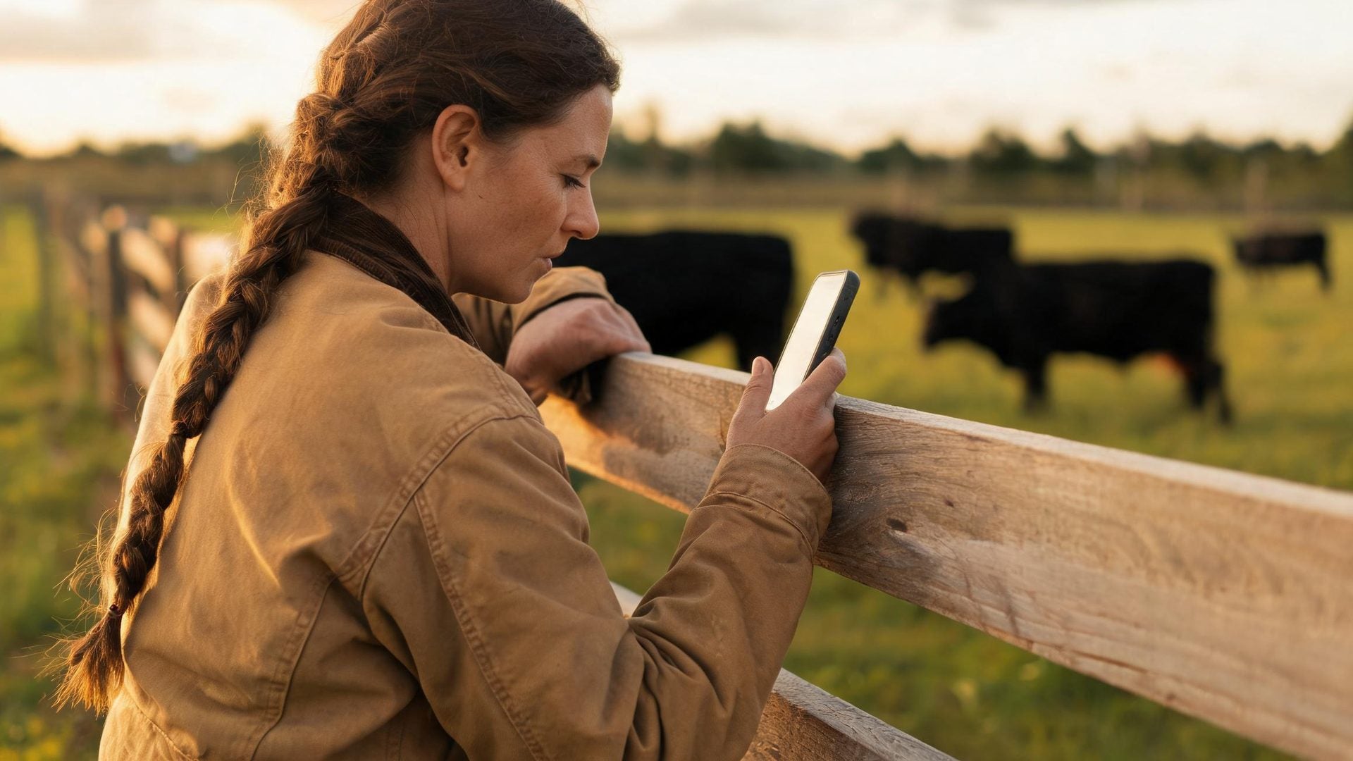 A rancher checks her phone at a fence with cattle behind her