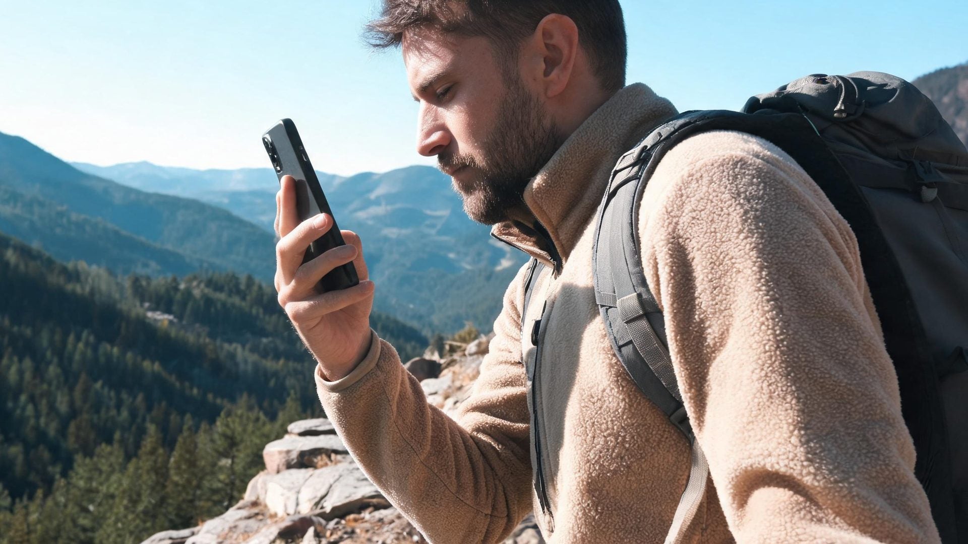 A hiker on a mountain overlook glances at his phone