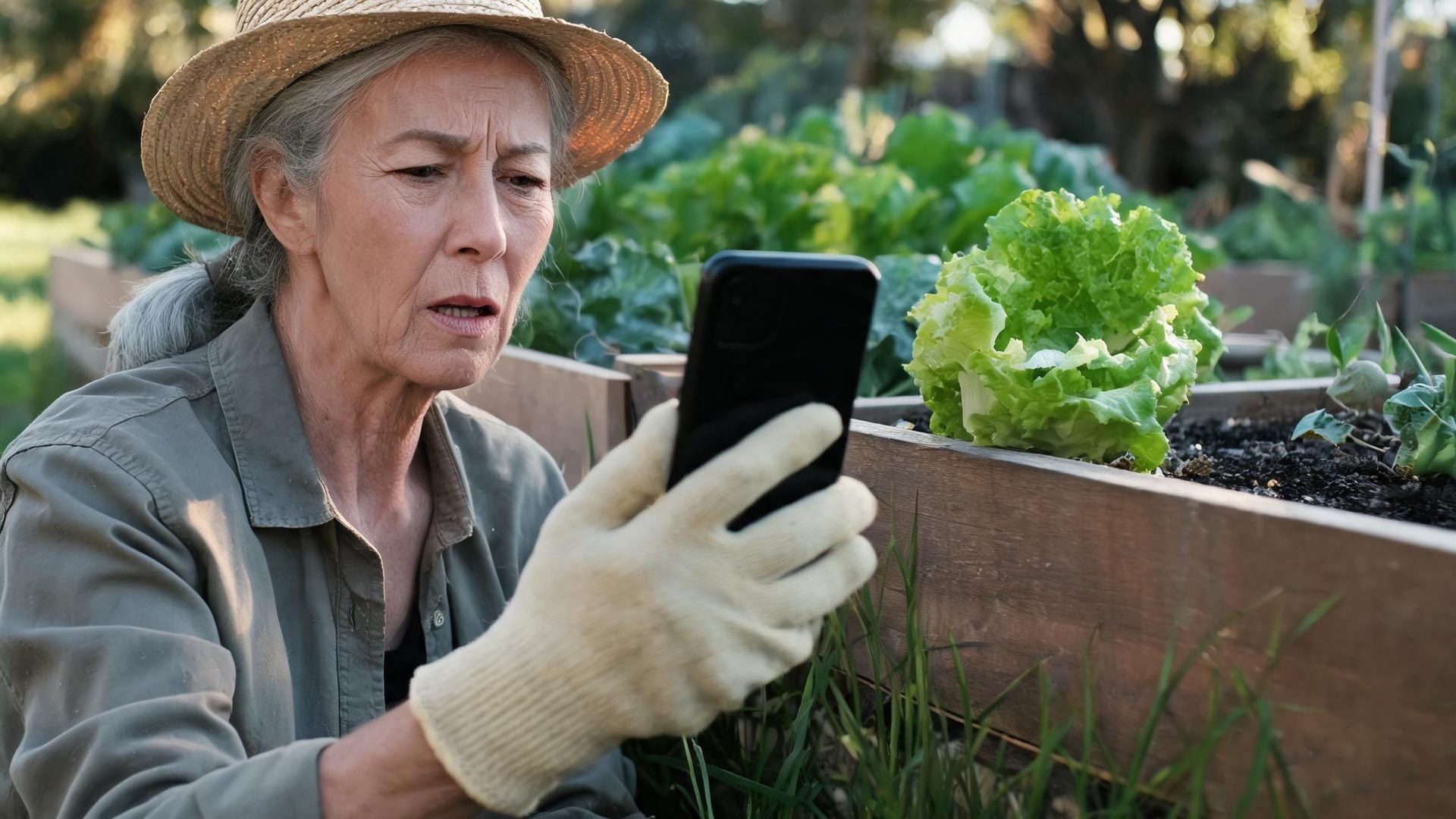 A gardener in a straw hat frowns at her phone by a raised bed