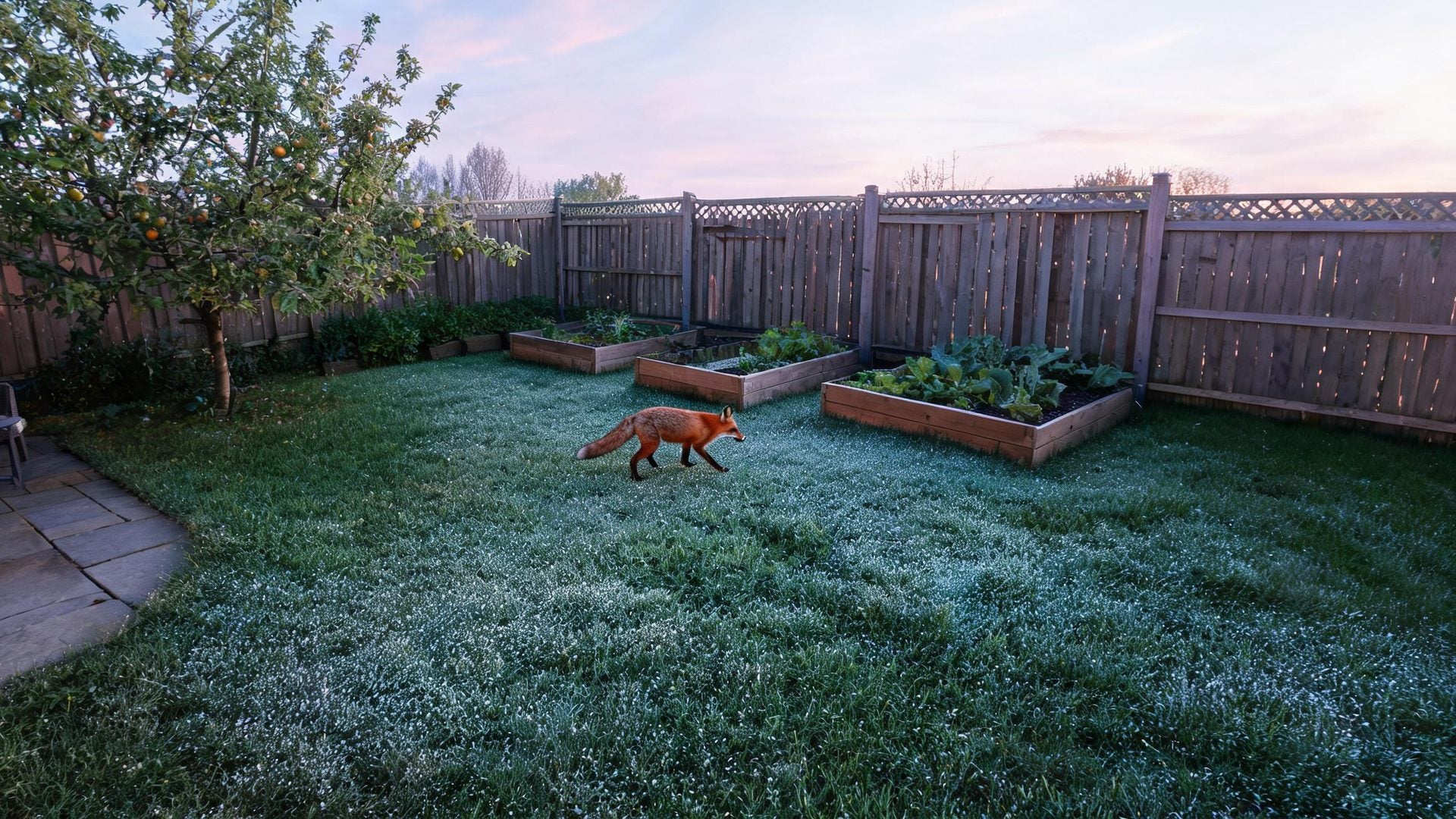 A red fox crossing a dewy lawn at dawn