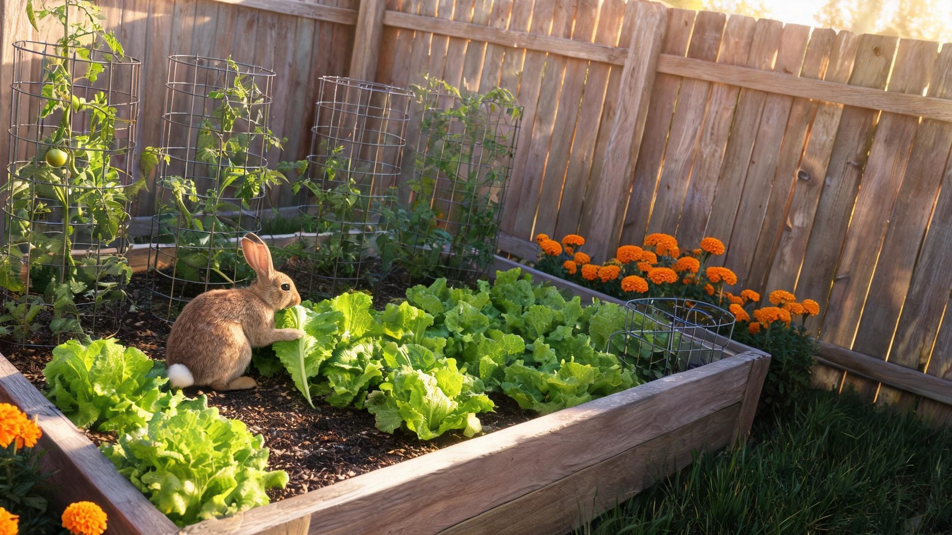 A rabbit nibbling lettuce in a raised bed